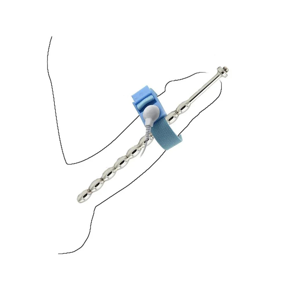 Varied Electro-Shock Penis Ring with blue strap and metal prostate and urethra stimulator for electro-stim play