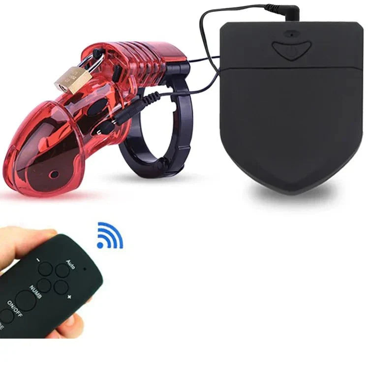 Wireless remote electric shock male chastity cage with ball stretcher and penis ring BDSM sex tool