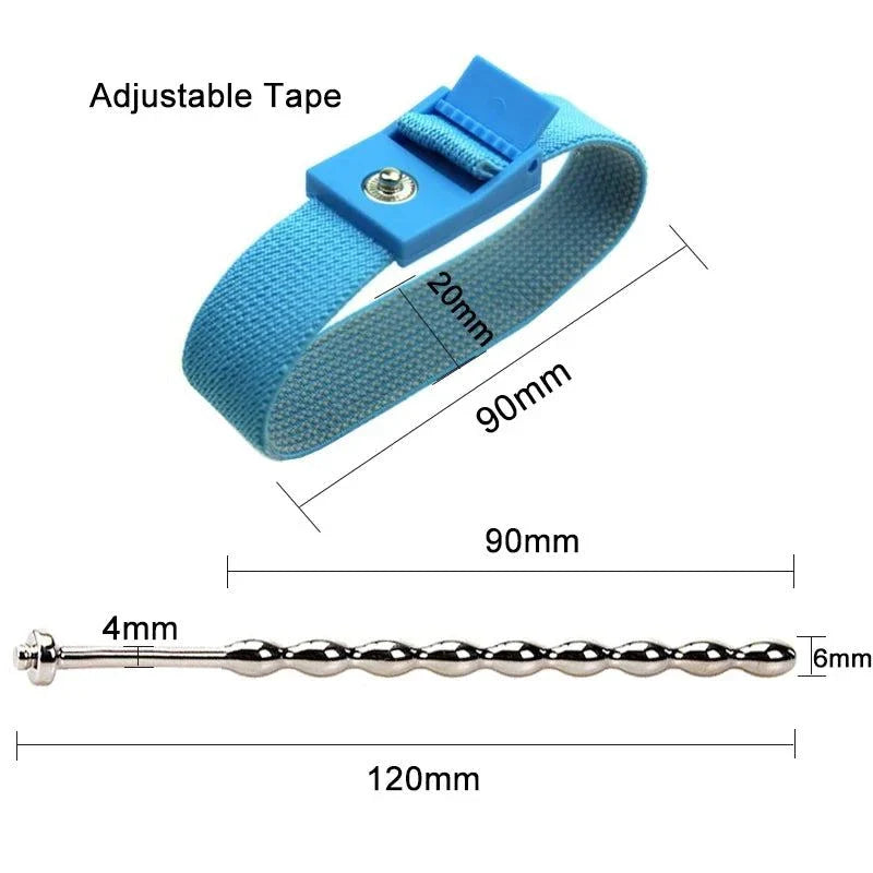 Varied Electro-Shock Penis Ring with adjustable tape and stainless steel urethra stimulator for electro-stim play