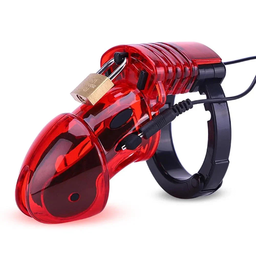 Wireless remote electric shock male chastity cock cage with ball stretcher and penis ring BDSM sex tool