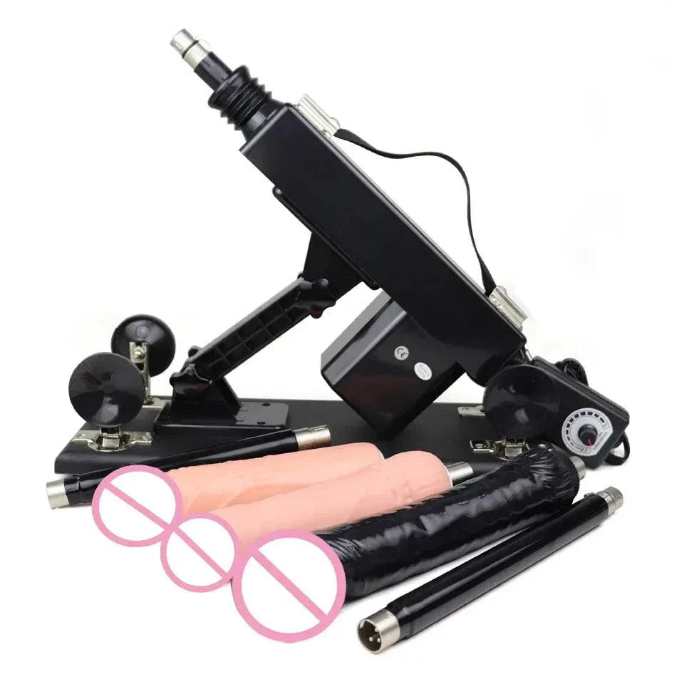 Automatic sex machine with adjustable thrust, remote and app control, multiple attachments, and customizable settings for hands-free pleasure.