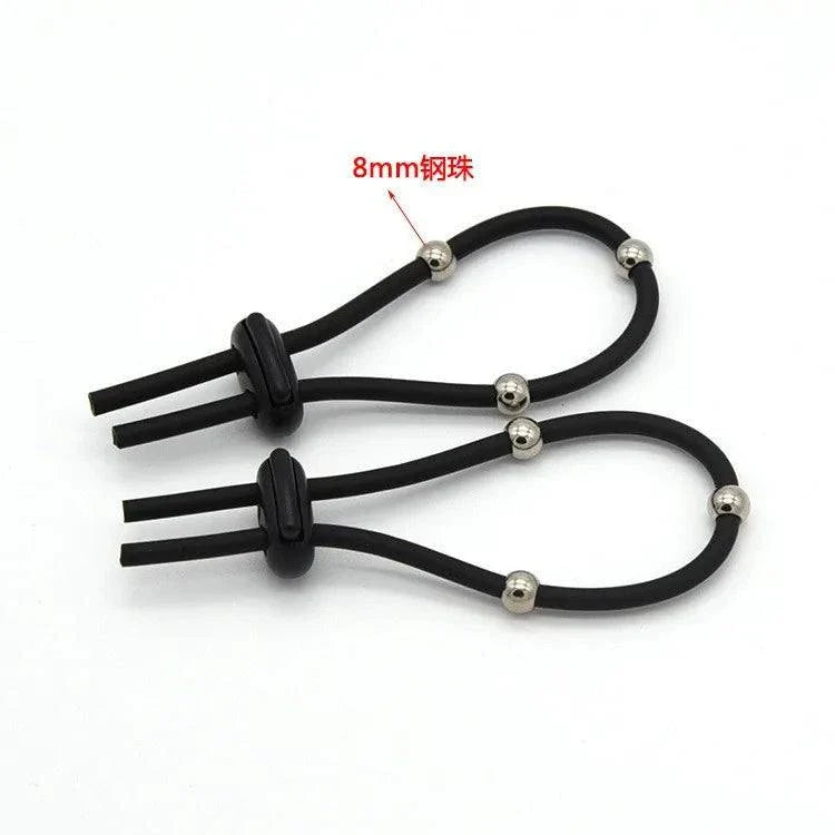 Varied Electro-Shock Penis Ring with adjustable silicone loops and metal beads for electro-stim prostate and urethra stimulation