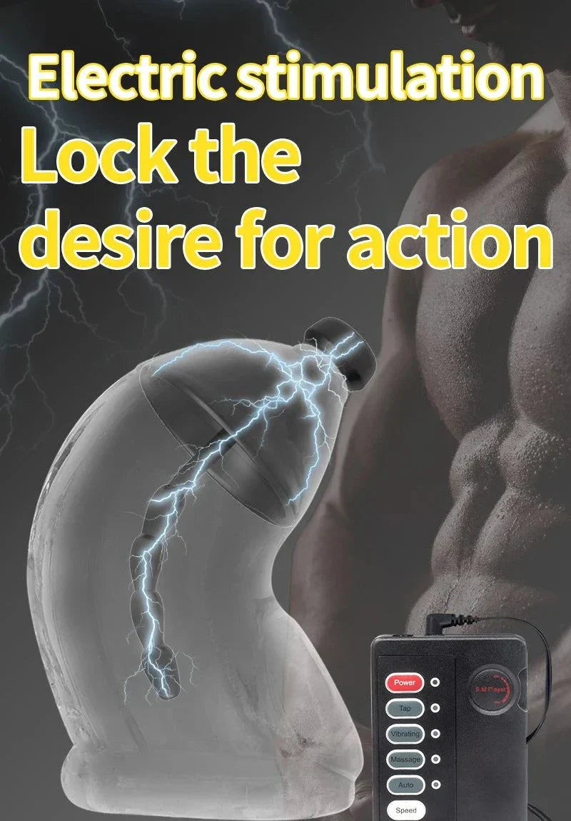 Electric shock penis plug and chastity cage with urethral dilator and electro stimulator for adult stimulation and restraint play