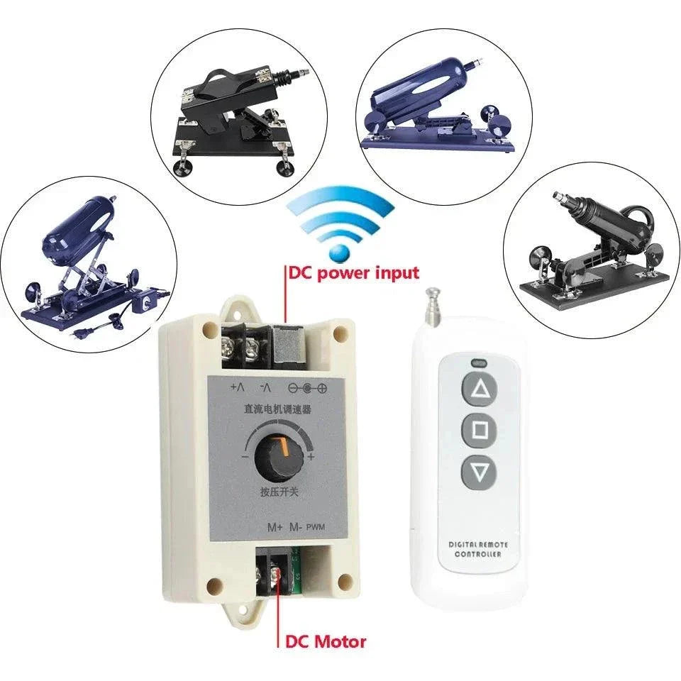 Automatic sex machine remote control and motor unit with adjustable thrusting attachments
