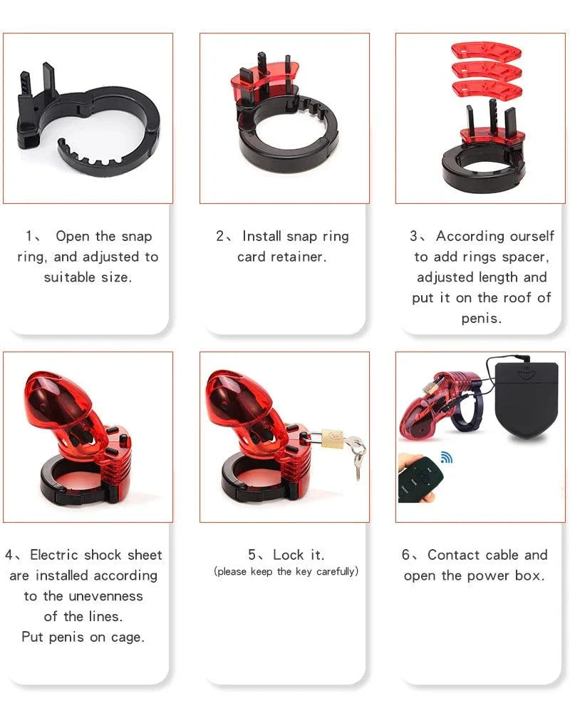 Wireless remote electric shock male chastity cage with ball stretcher and electro stimulation features