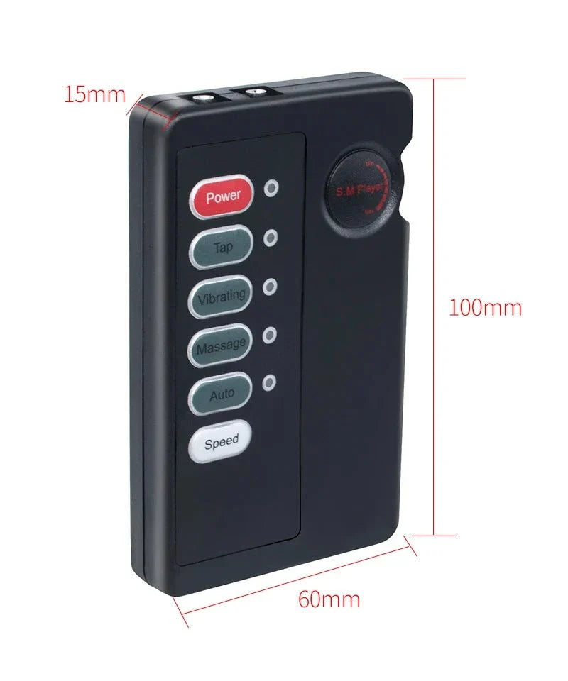Varied Electro-Shock Penis Ring remote control with power and mode buttons, compact black design with dimensions 100x60x15mm