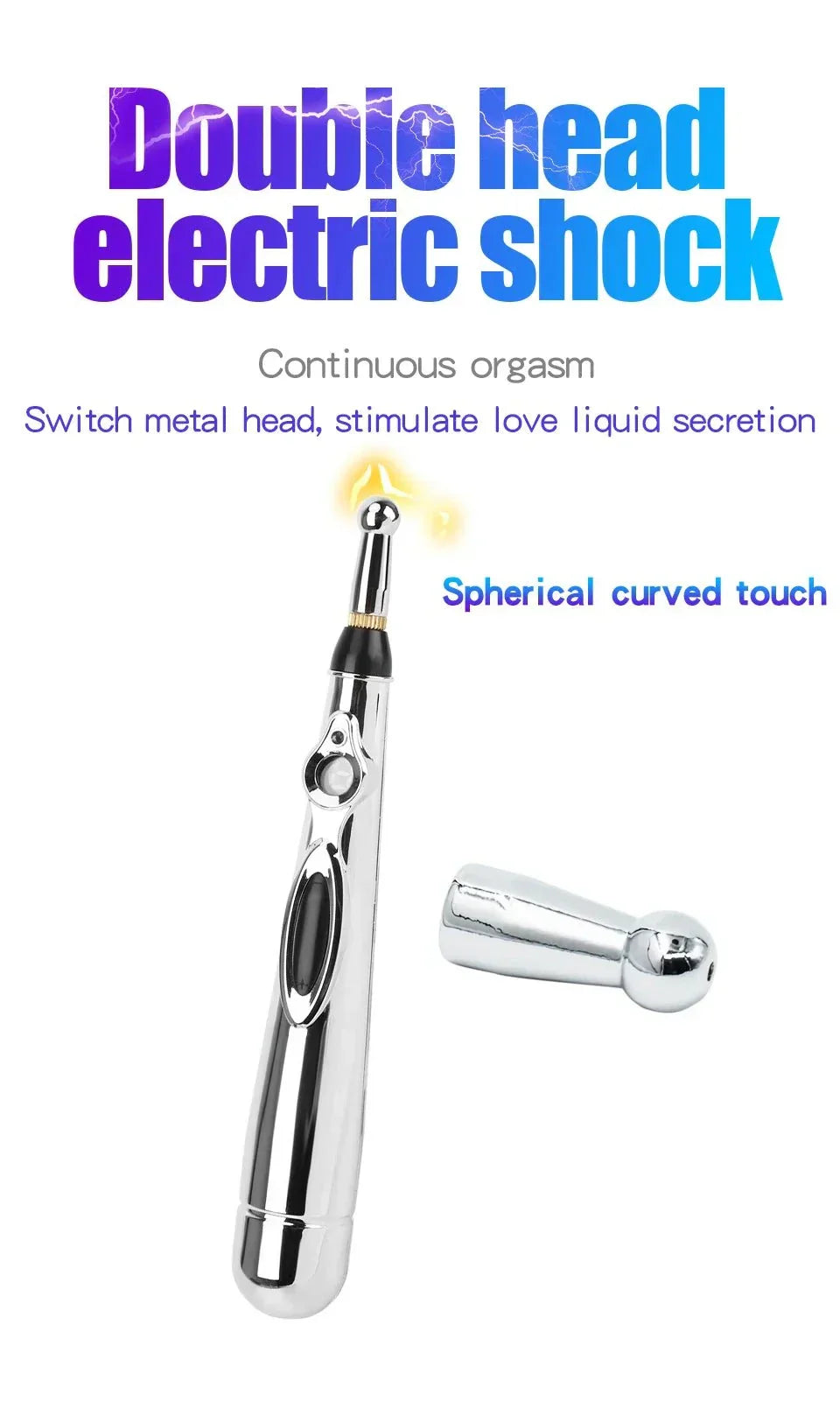 Electric Shock Wand with double interchangeable heads for versatile e-stim pleasure and adjustable intensity levels.