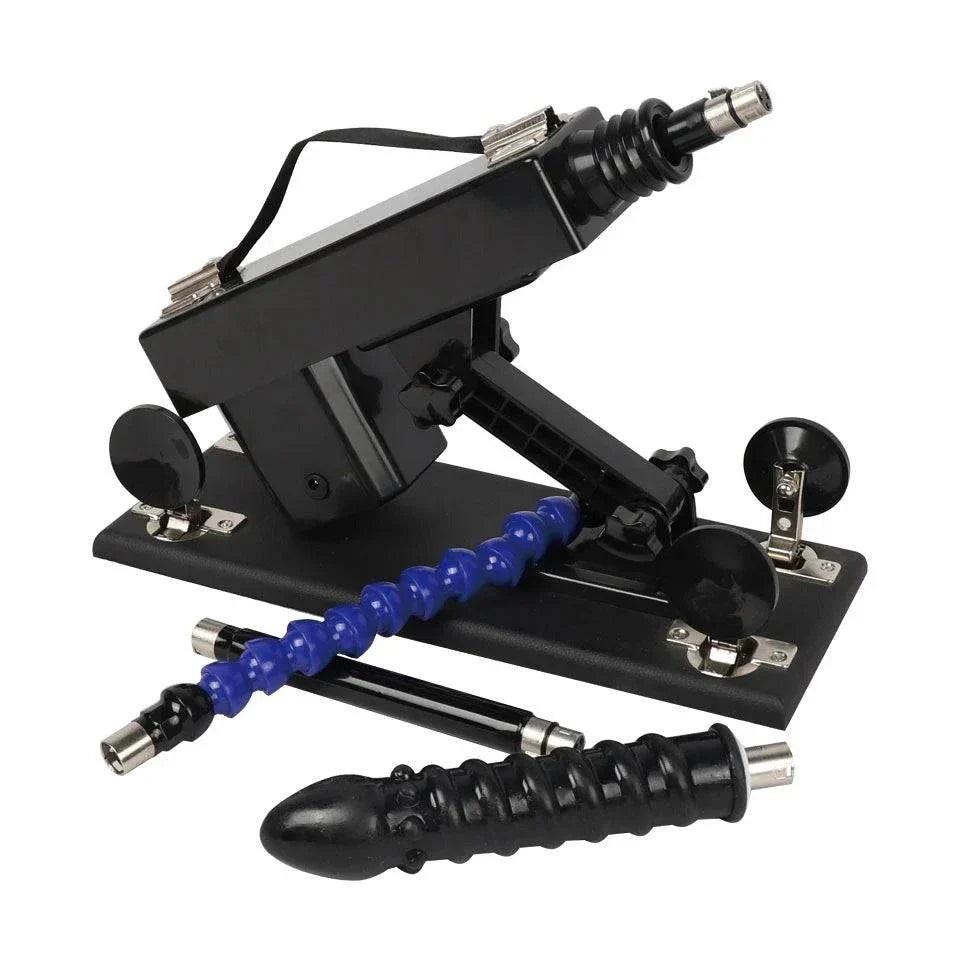 Automatic sex machine with adjustable thrust, remote and app control, multiple attachments for customizable pleasure