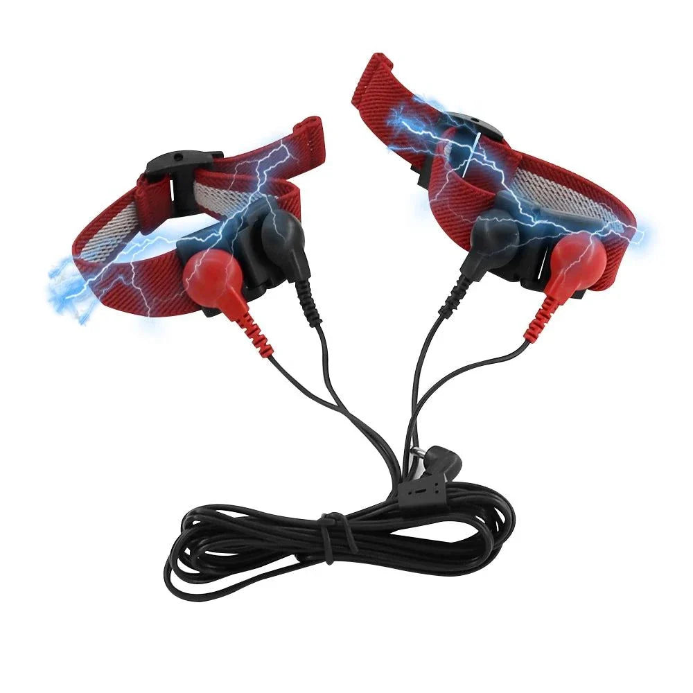 Varied Electro-Shock Penis Ring with red straps and electro-stim wires for penis, prostate, and urethra stimulation