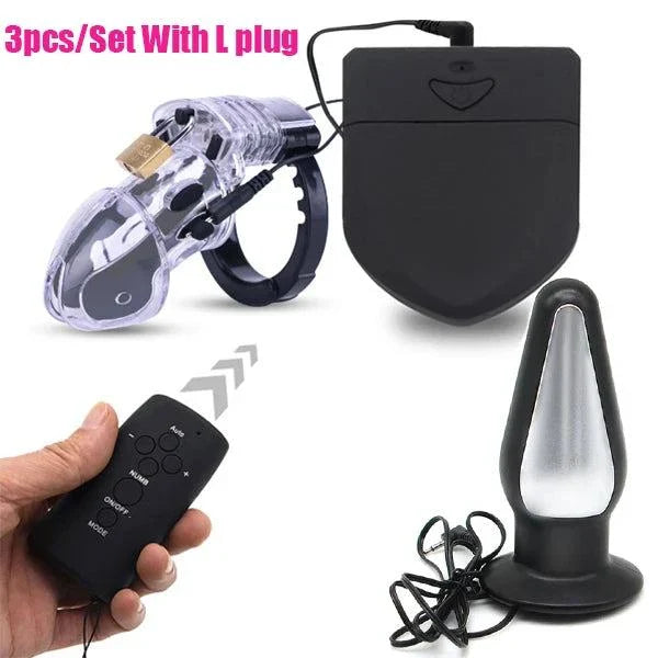 Wireless remote electric shock male chastity cage ball stretcher with anal plug and penis ring BDSM sex toy set