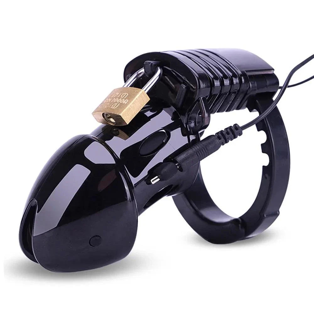 Wireless remote electric shock male chastity cock cage with padlock and electrode plug BDSM sex toy