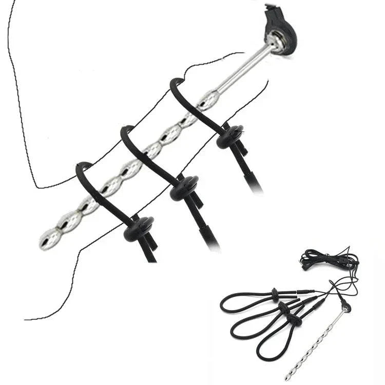 Varied Electro-Shock Penis Ring with adjustable cock rings and electro-stim probes for prostate and urethra play