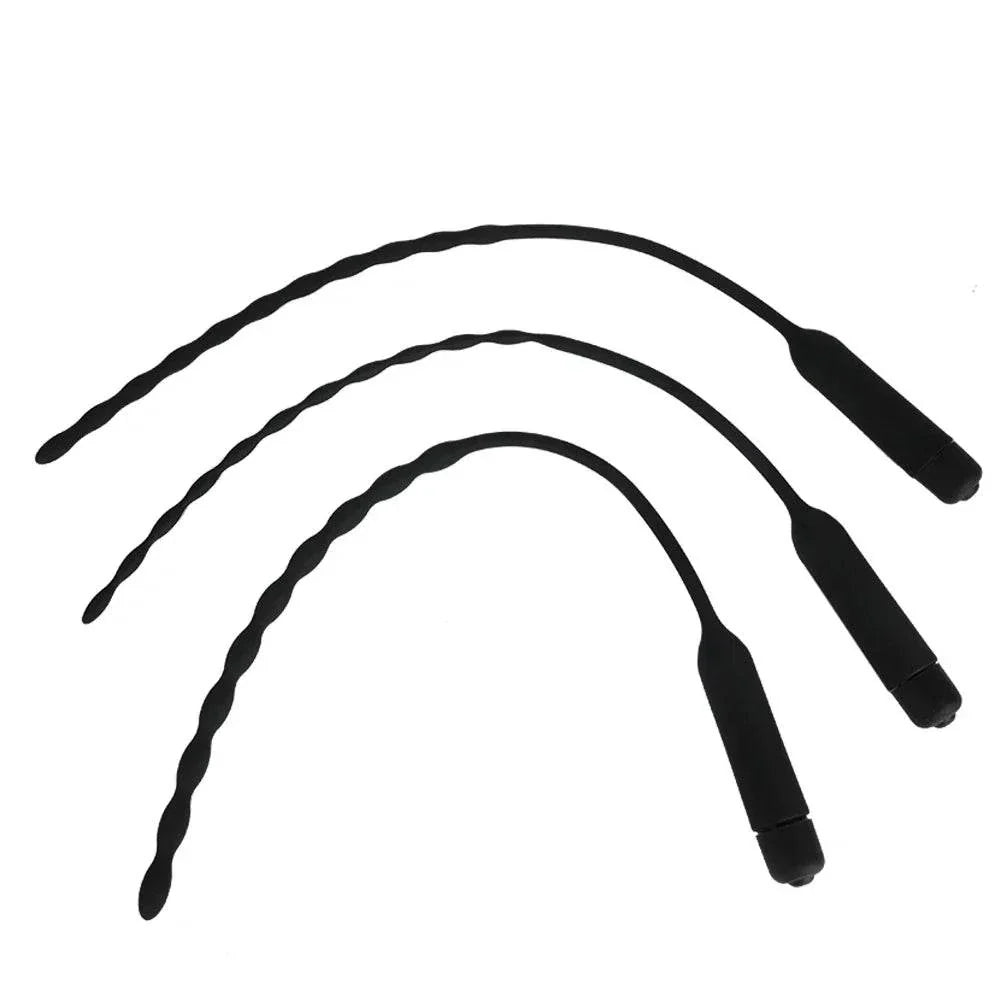 Black urethral vibrator for men with twisted design and 10 vibration modes