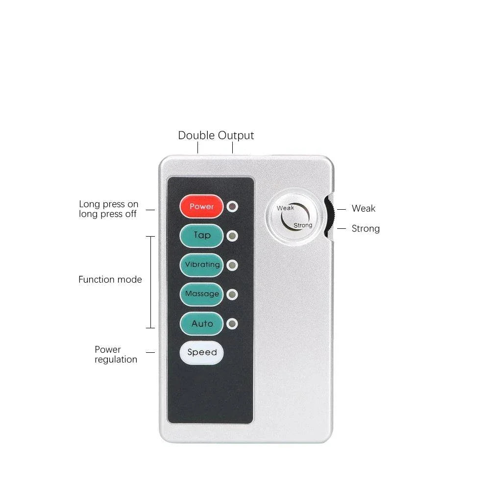 Varied Electro-Shock Penis Ring controller with power, mode, and intensity settings for electro-stim play