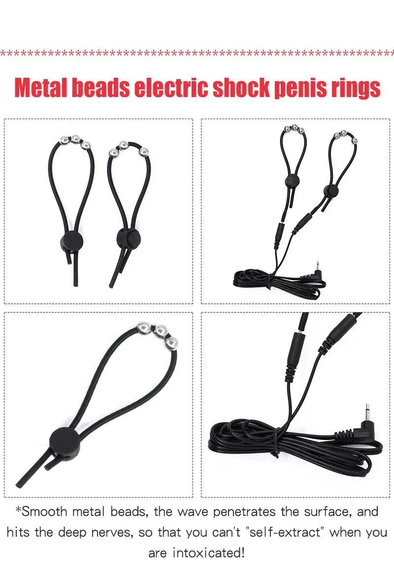 Varied Electro-Shock Penis Ring with metal beads and electric stimulation cables for prostate and urethra play
