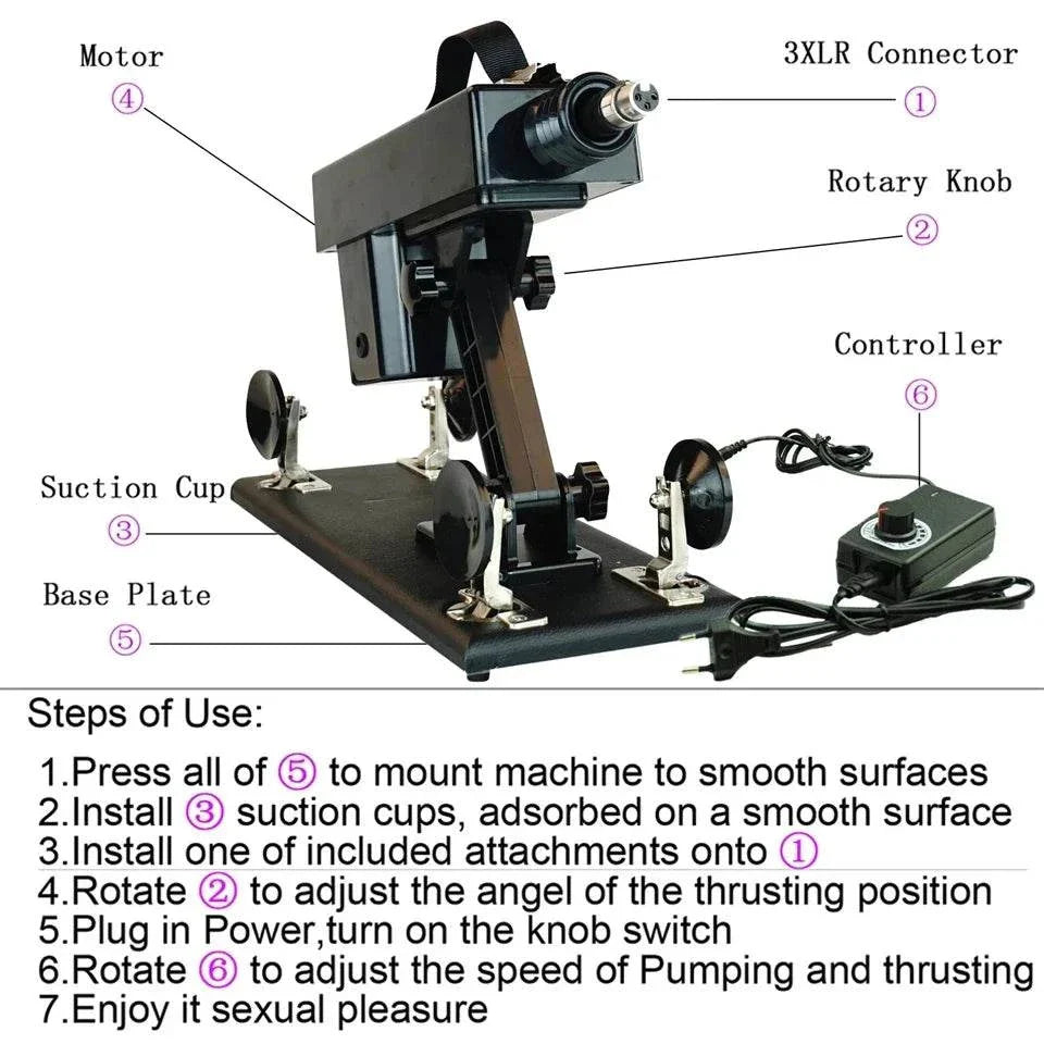 Automatic sex machine with adjustable thrust, remote and app control, suction cups, base plate, and rotary knob for customizable pleasure
