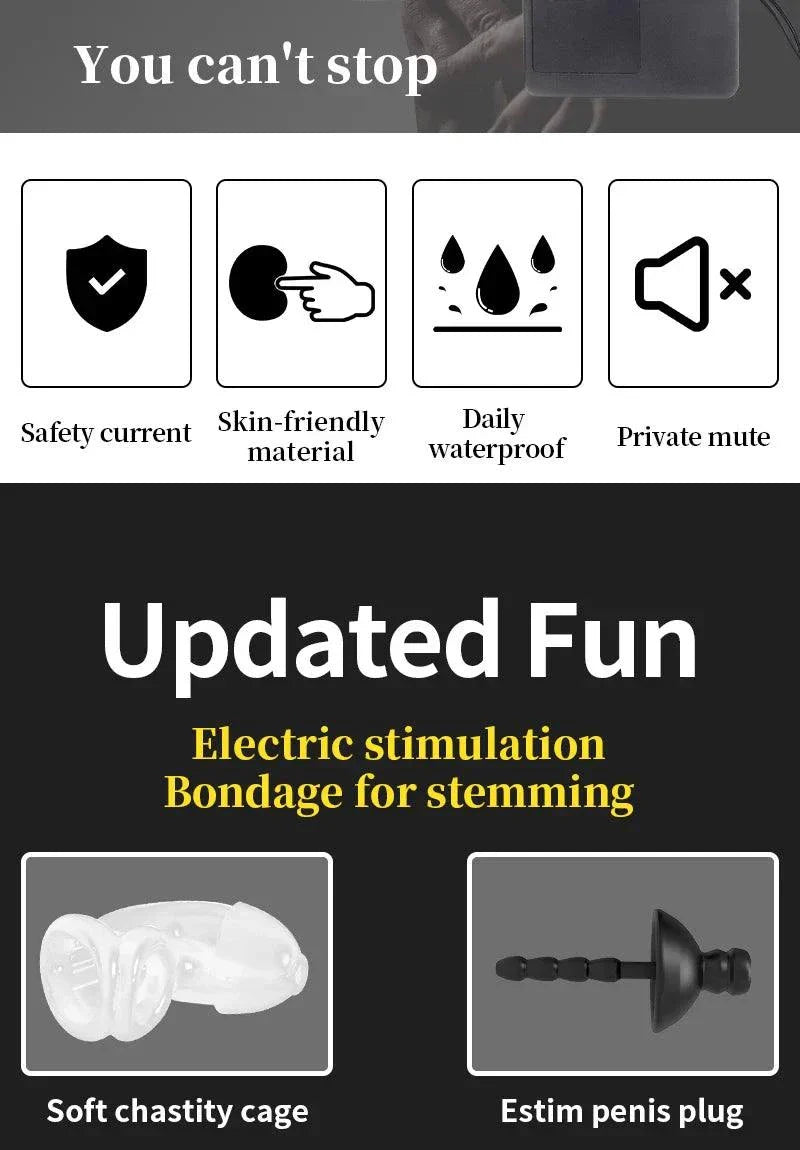 Electric Shock Penis Plug with soft chastity cage and urethral dilator, skin-friendly, waterproof, and private mute electro stimulator for bondage and stimulation.