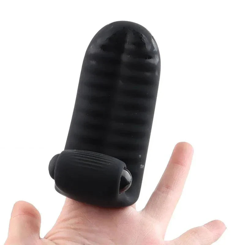 Black textured silicone finger sleeve vibrator for G-spot and clitoral stimulation, body-safe sex toy accessory
