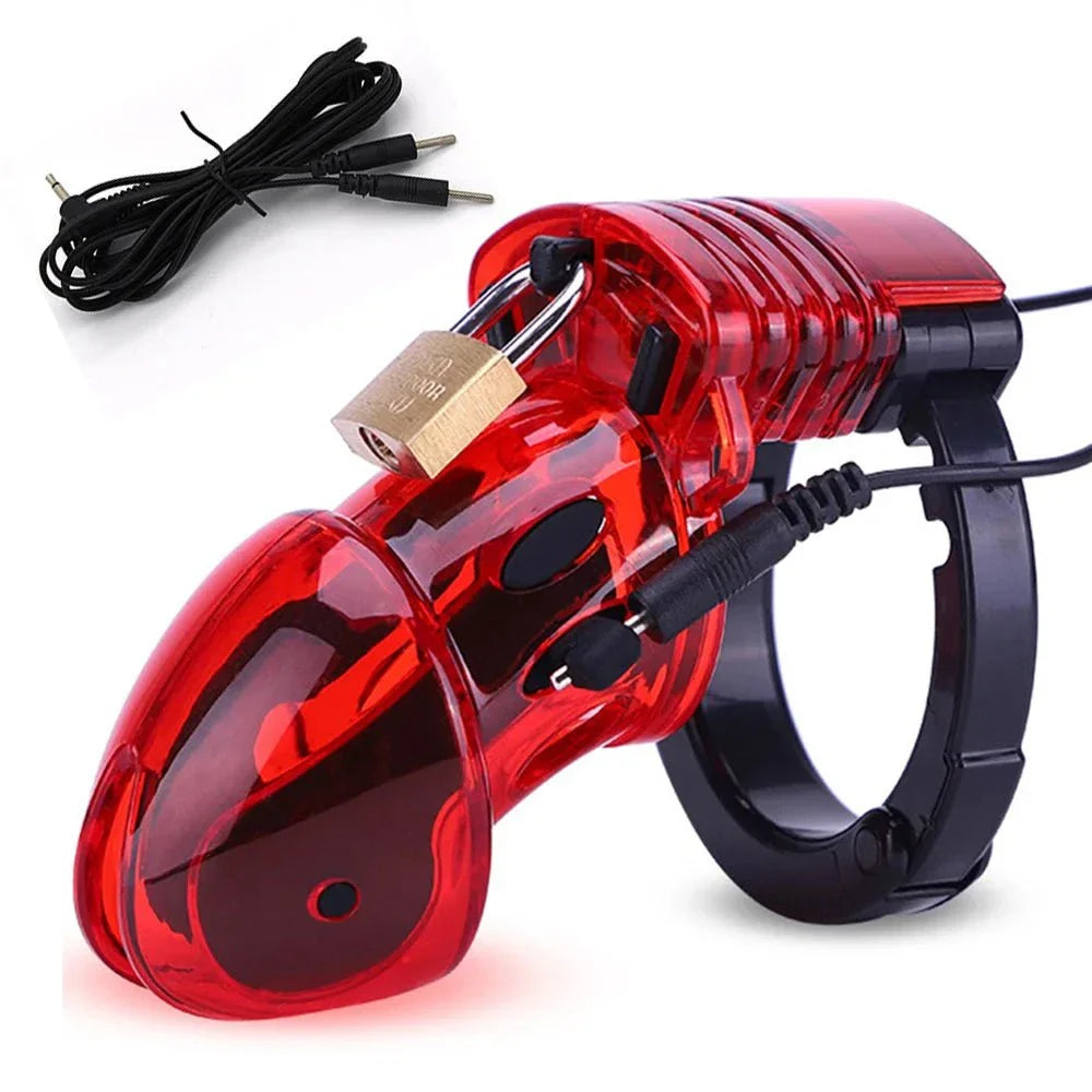 Wireless remote electric shock male chastity cock cage with ball stretcher and BDSM anal plug ring