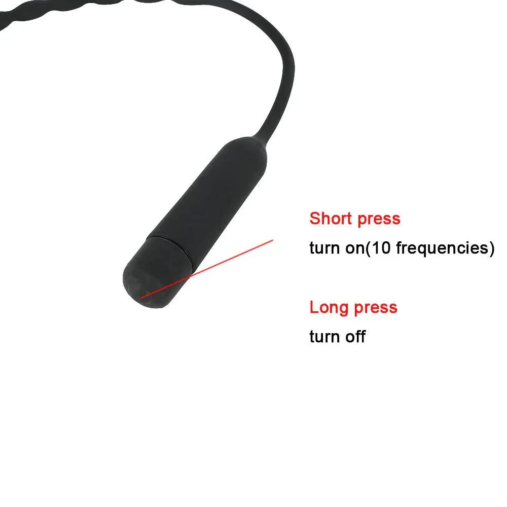Black urethral vibrator for men with 10 frequency settings and control instructions