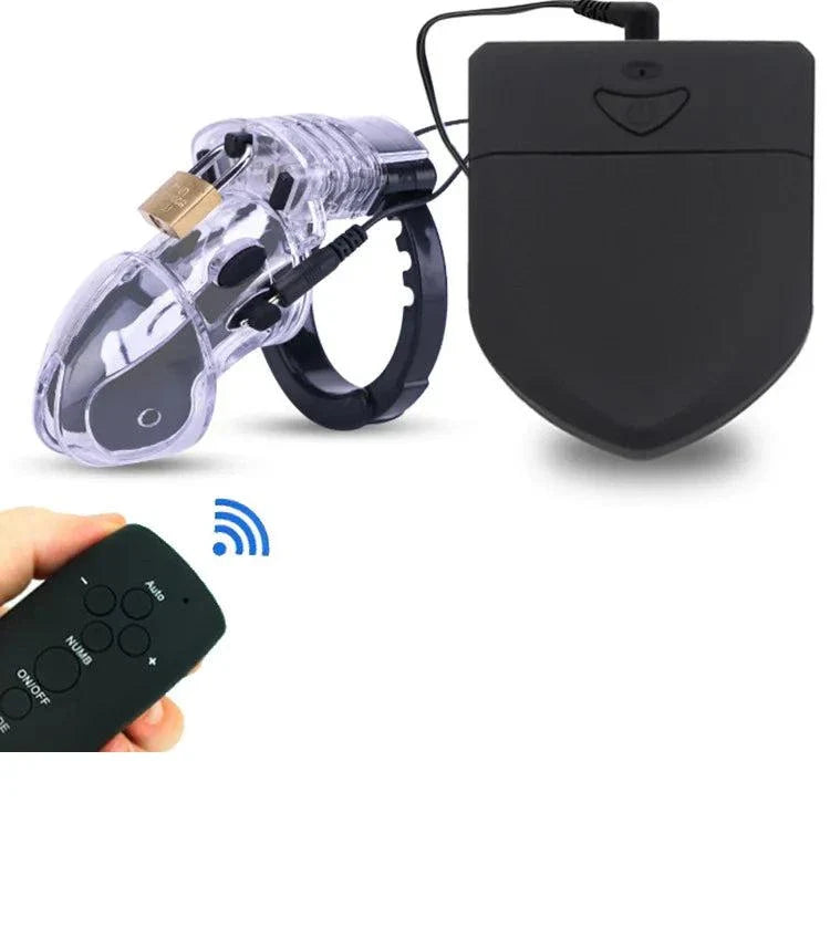 Wireless remote electric shock male chastity cage with ball stretcher and penis ring BDSM toy