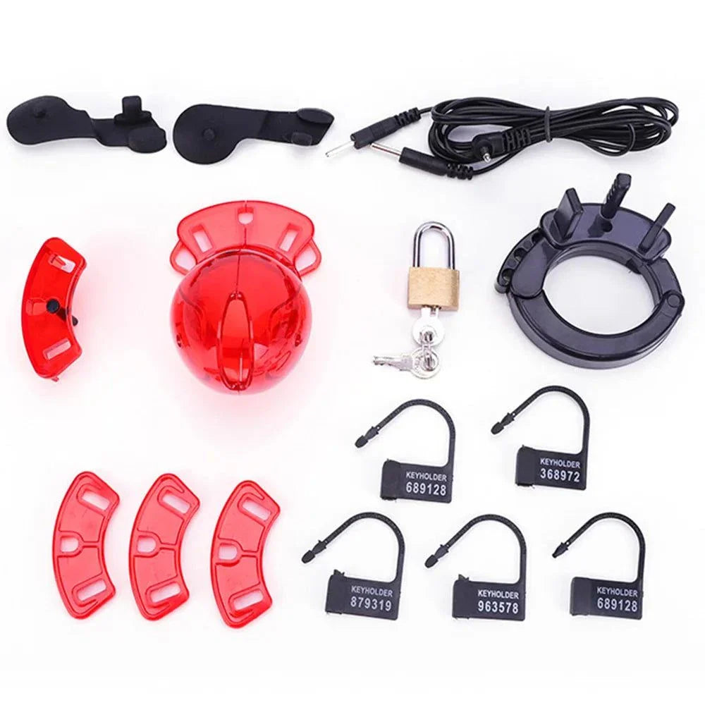 Wireless remote electric shock male chastity cage and ball stretcher BDSM sex tool set