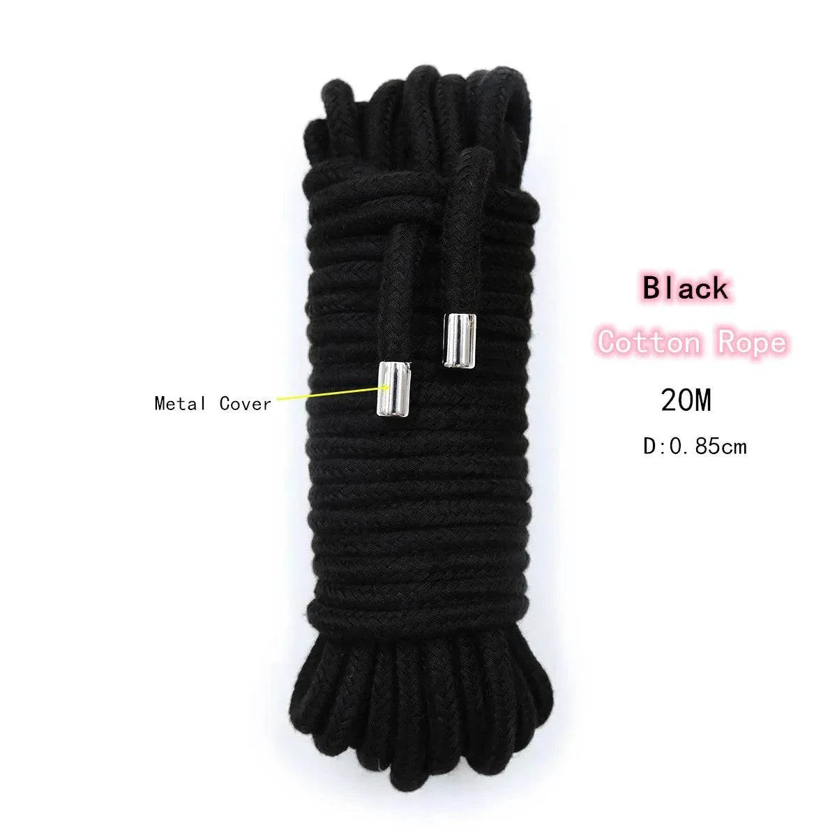 High-quality black Japanese bondage rope for Shibari and Kinbaku, 20 meters with metal covers, 0.85 cm diameter cotton rope for binding and role play.