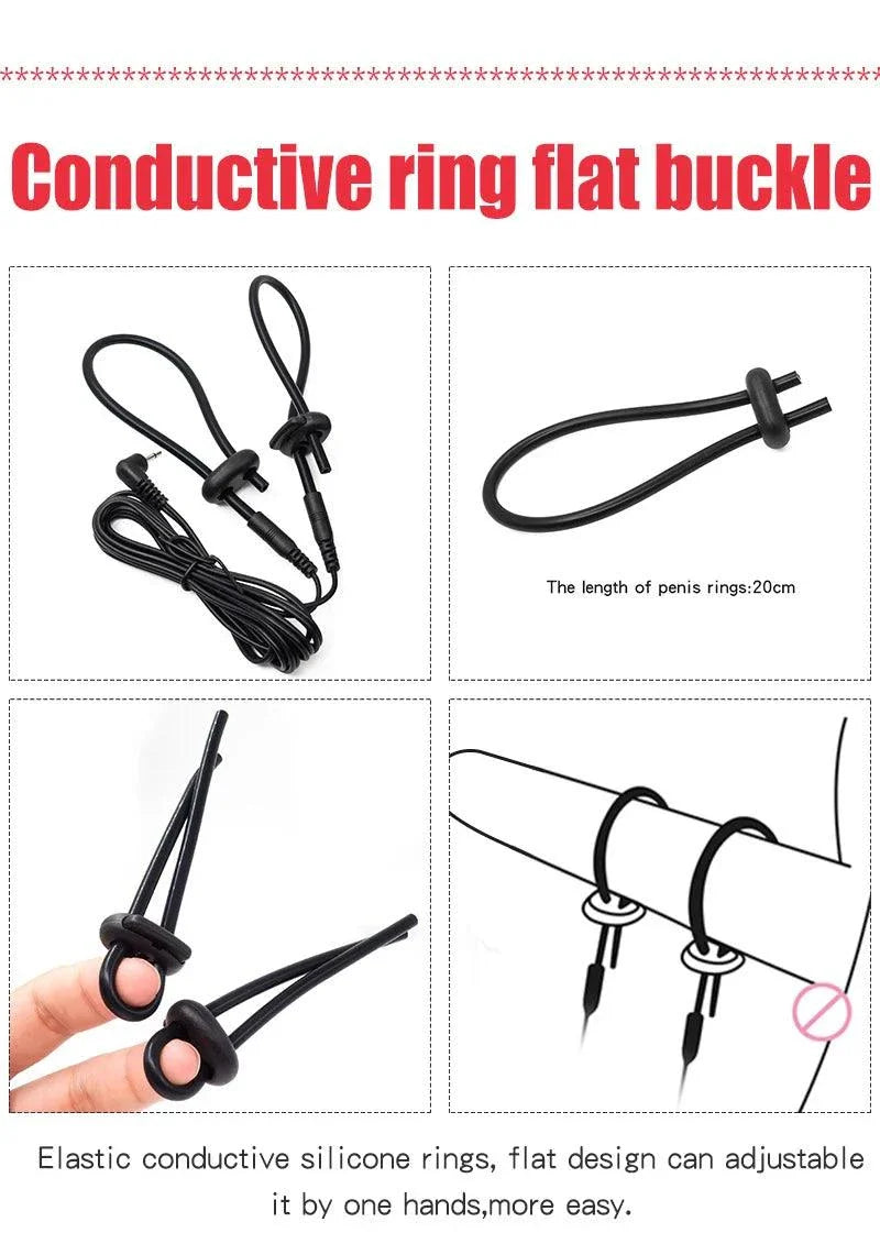 Varied Electro-Shock Penis Ring with elastic conductive silicone rings for electro-stim play and adjustable fit