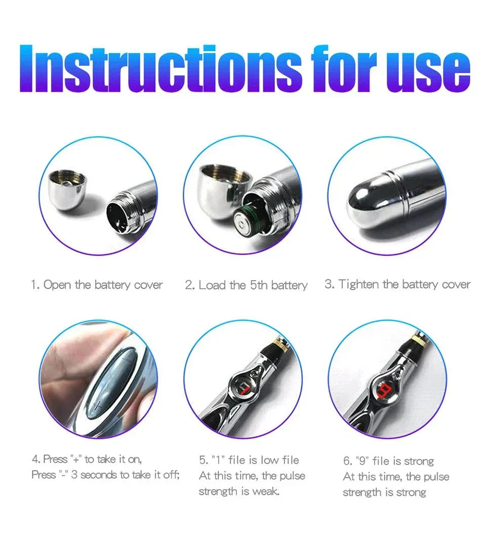 Electric Shock Wand e-stim acupuncture pen with adjustable intensity and interchangeable heads showing battery installation and usage instructions