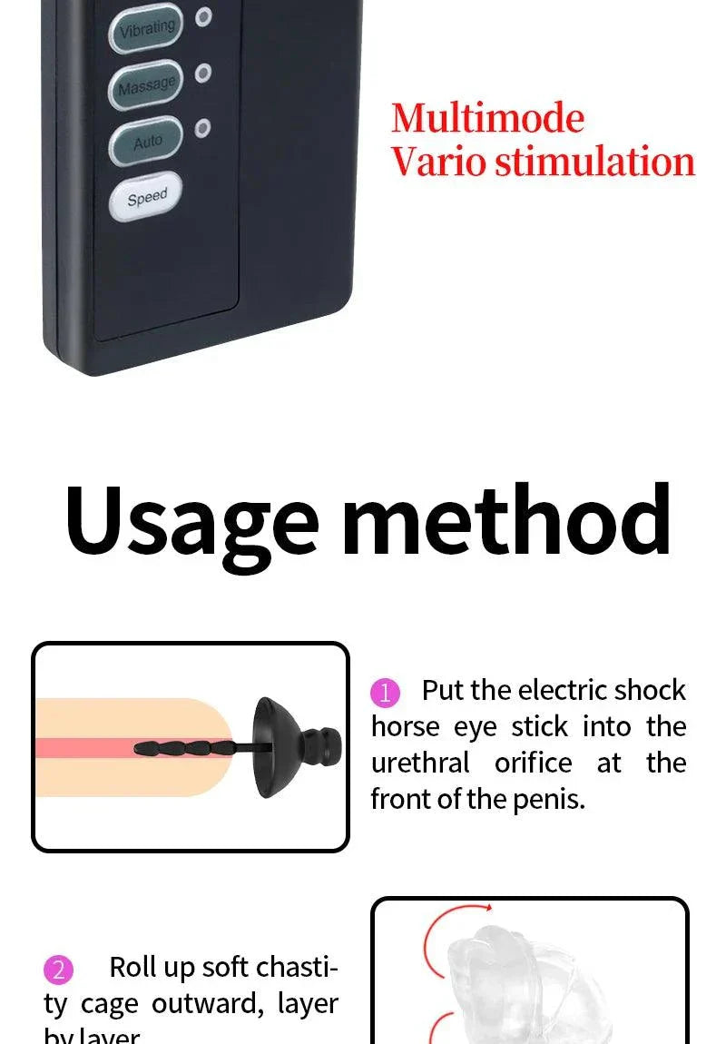 Electric Shock Penis Plug and Chastity Cage with urethral dilator and cock ring for electro stimulation and adjustable plug sizes