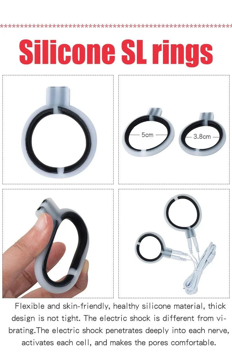 Varied Electro-Shock Penis Ring with silicone, flexible design, and electric stimulation for prostate and urethra play