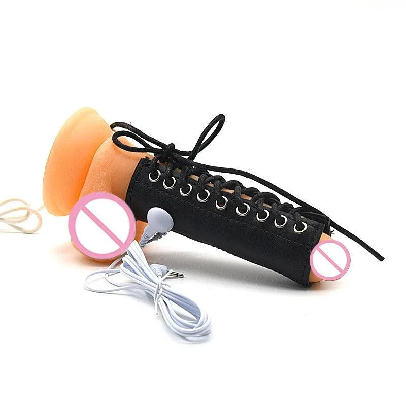 Varied Electro-Shock Penis Ring with lacing, electro-stimulation wires, and flesh-tone silicone material for prostate and urethra stimulation