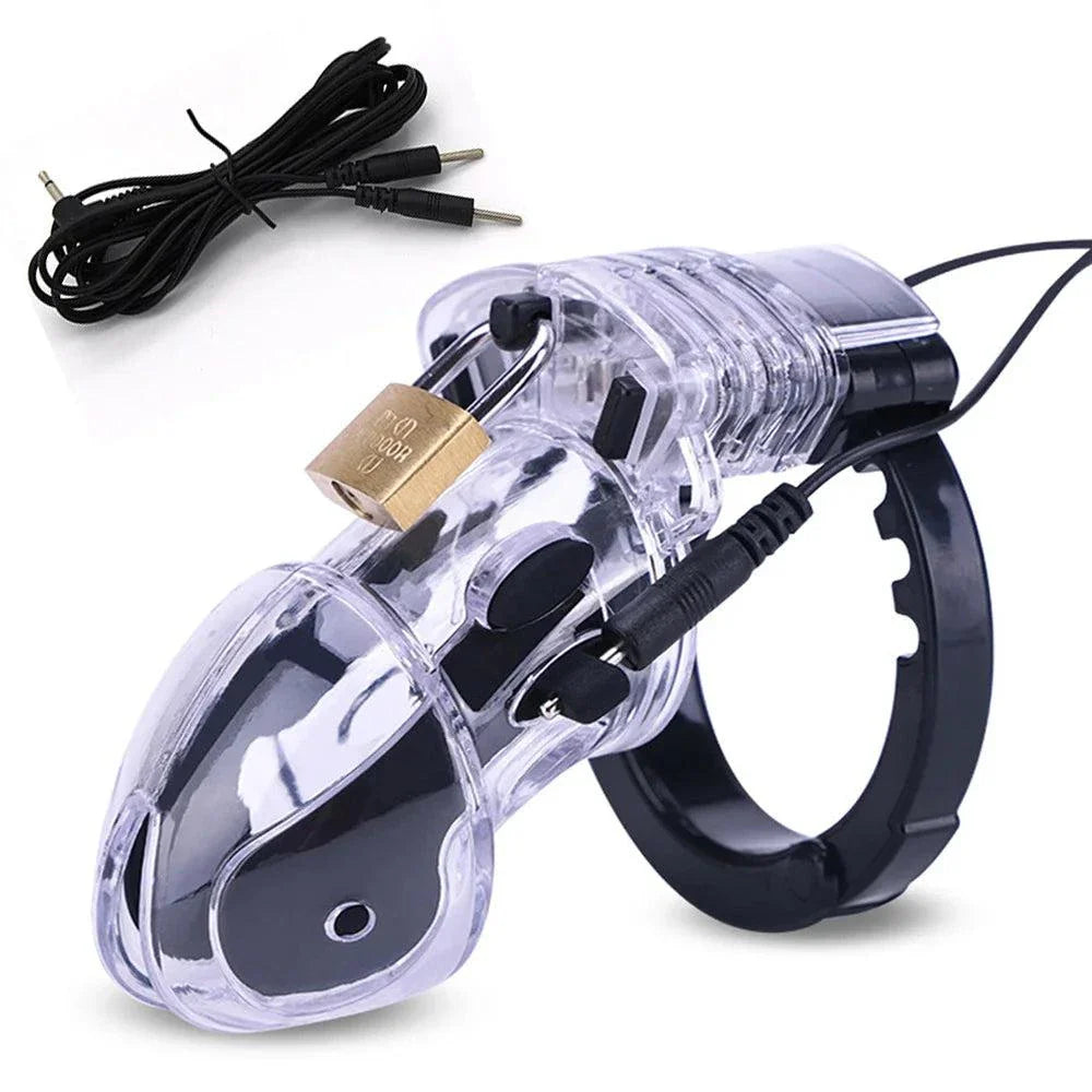 Wireless remote electric shock male chastity cage with ball stretcher and penis ring BDSM tool