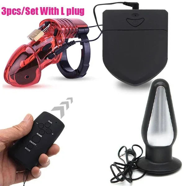 Wireless remote electric shock male chastity cage with ball stretcher and anal plug BDSM sex toy set