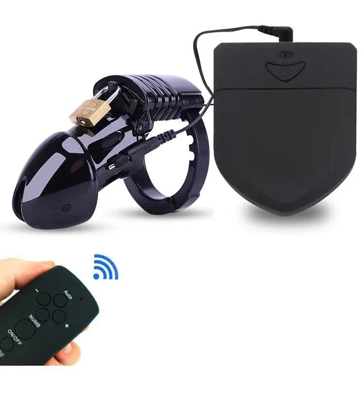 Wireless remote electric shock male chastity cage with ball stretcher and penis ring BDSM sex toy