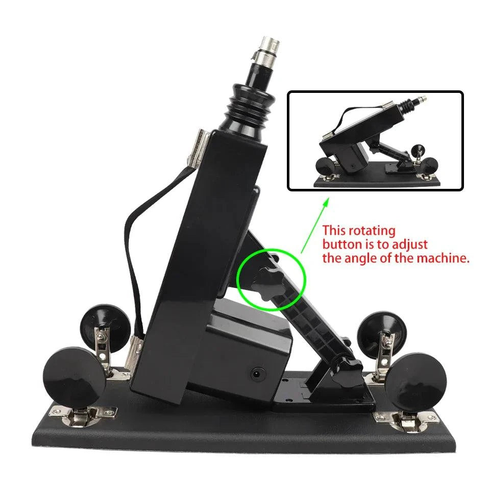 Automatic sex machine with adjustable angle, thrust, and remote control for customizable pleasure