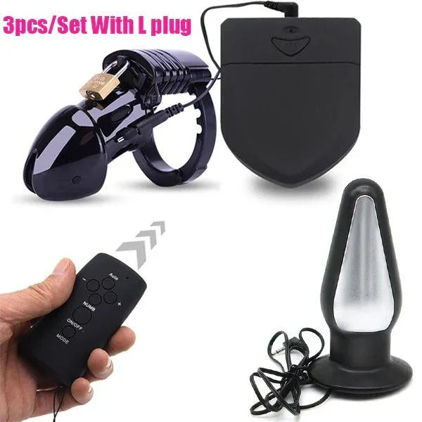 Wireless remote electric shock male chastity cage with ball stretcher and anal plug set