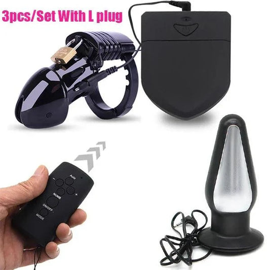 Wireless remote electric shock male chastity cage with ball stretcher and anal plug set