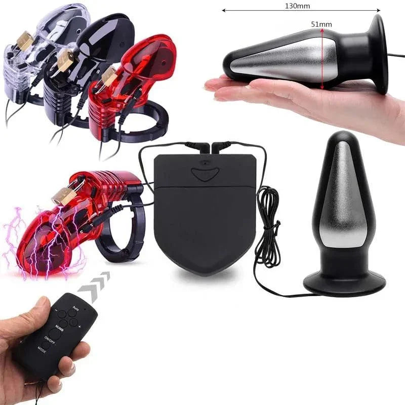 Wireless remote electric shock male chastity cage with ball stretcher and anal plug BDSM sex toy set