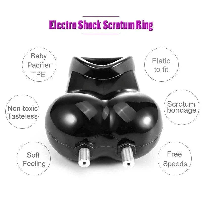 Varied Electro-Shock Penis Ring black flexible stimulator with dual connectors for electro-play and scrotum support