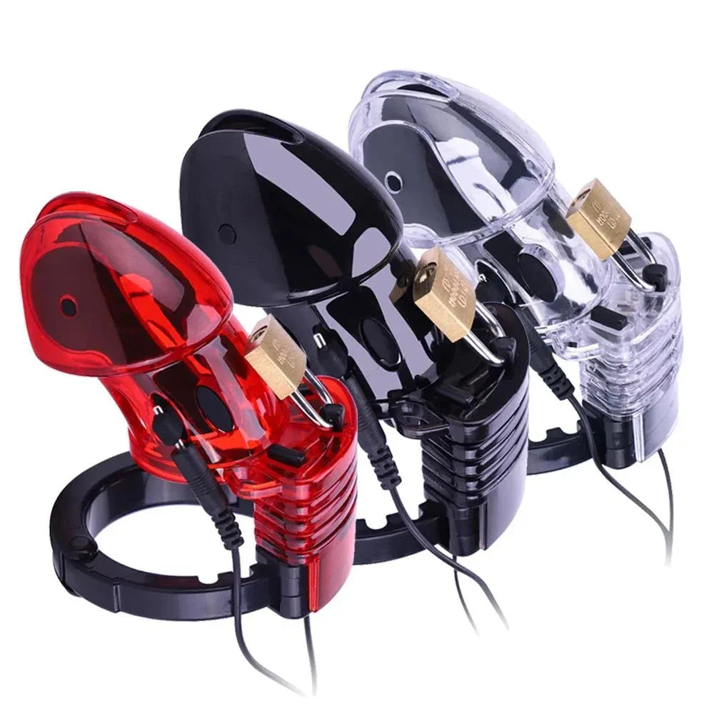 Wireless remote electric shock male chastity cock cage ball stretcher sex toy in red black and clear colors with padlocks and cables