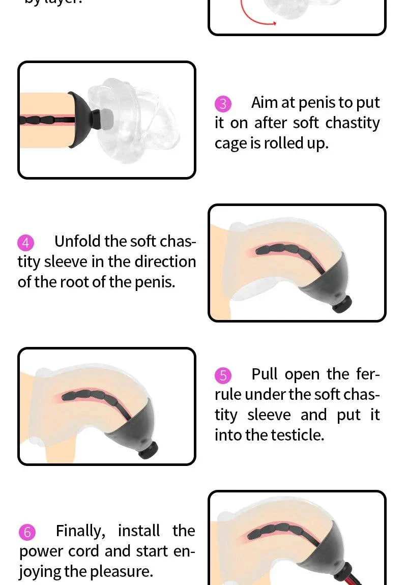 Electric Shock Penis Plug with chastity cage, cock ring, and urethral dilator for electro stimulation and sensation control
