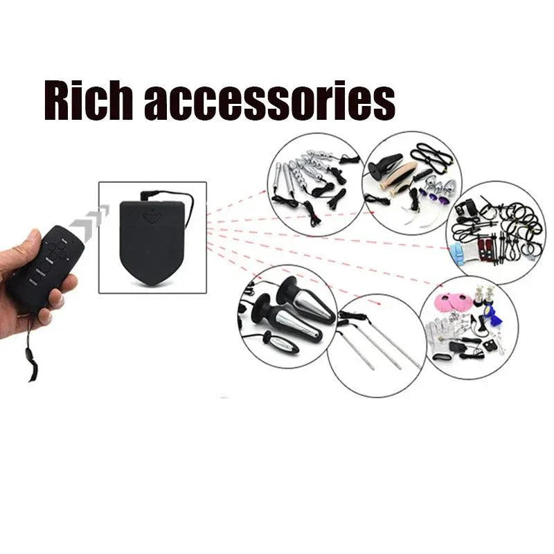 Electric shock penis plug and chastity cage set with urethral dilator and electro stimulator accessories