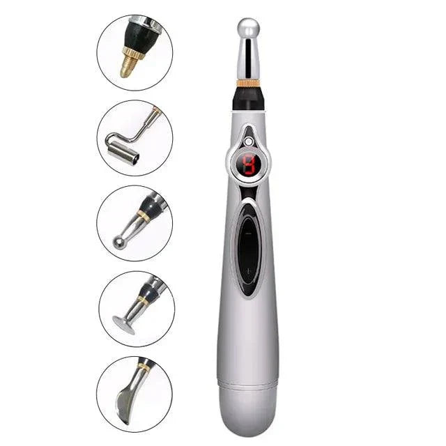 Electric Shock Wand with five interchangeable heads for body and erogenous zone stimulation, featuring adjustable intensity levels.