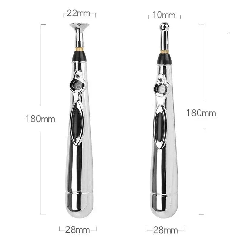 Electric Shock Wand e-stim acupuncture pen with interchangeable heads for body stimulation, 180mm length, silver finish.