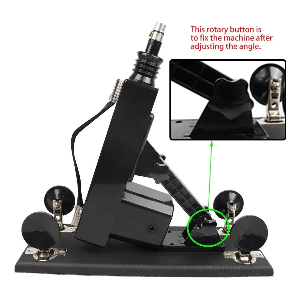 Automatic sex machine with adjustable angle, thrust settings, and rotary button for fixation.