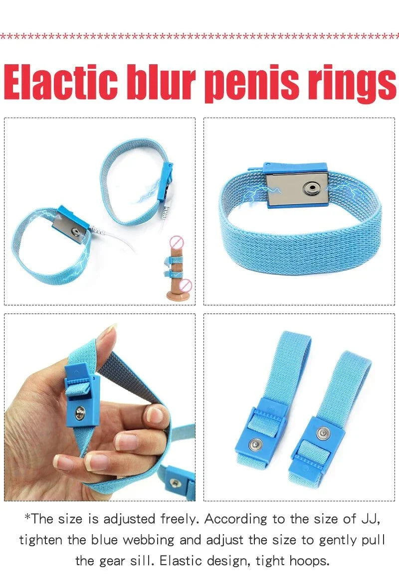 Varied Electro-Shock Penis Ring adjustable blue elastic cock ring for electro-stim play and prostate stimulation