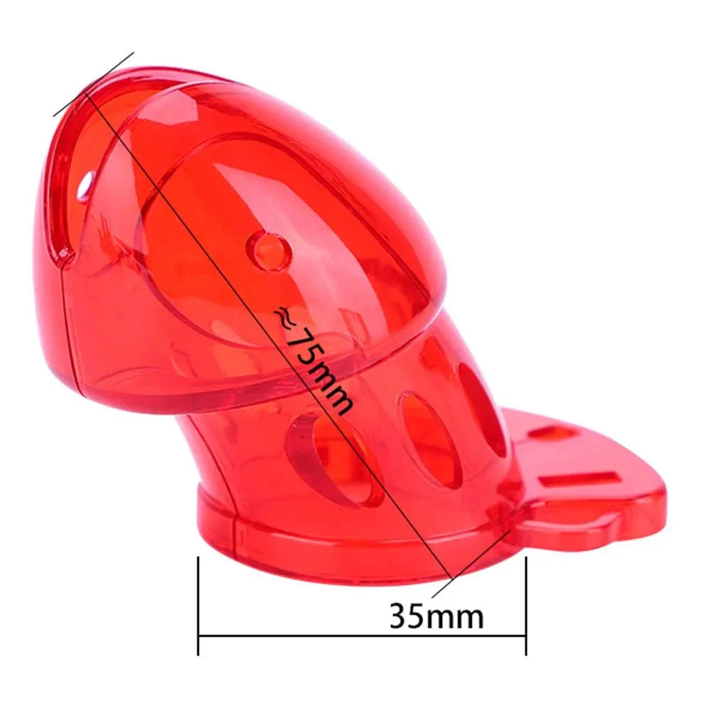 Wireless remote electric shock male chastity cock cage ball stretcher in red plastic with dimensions 75mm by 35mm