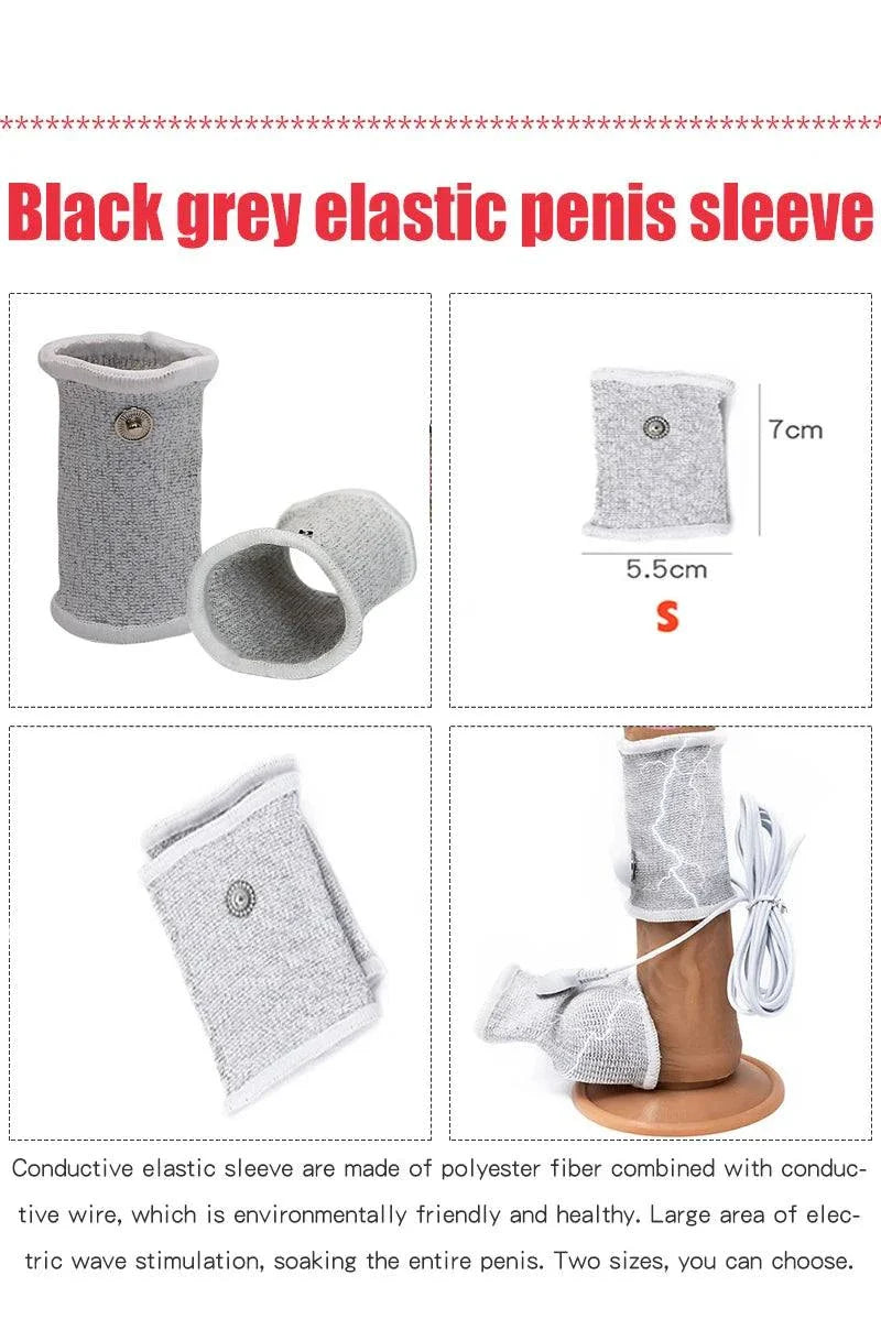 Varied Electro-Shock Penis Ring with black grey elastic conductive sleeve for electro-stimulation and urethra play