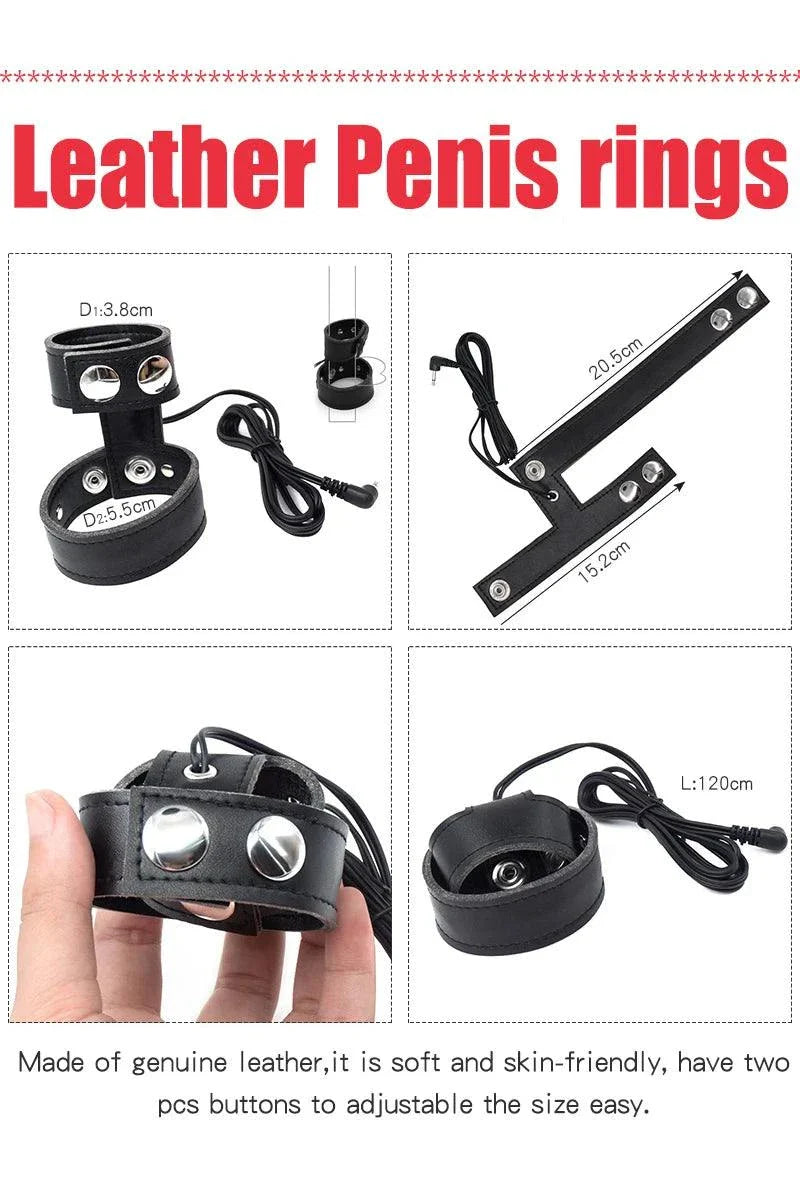 Varied Electro-Shock Penis Ring leather cock ring with adjustable electro-stimulator for prostate and urethra pleasure